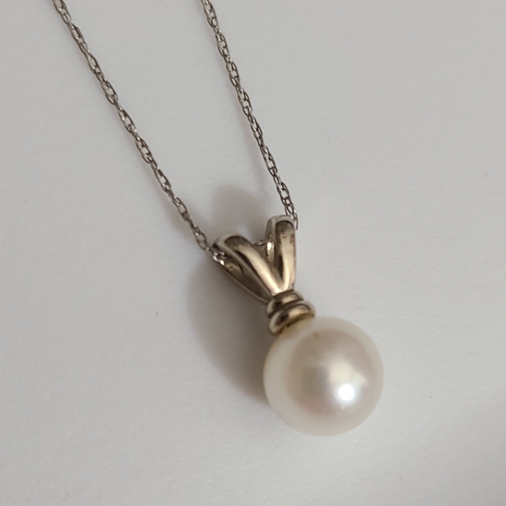 10k WHT gold 18" necklace natural pearl pendant 6.8 mm dainty chain vtg estate